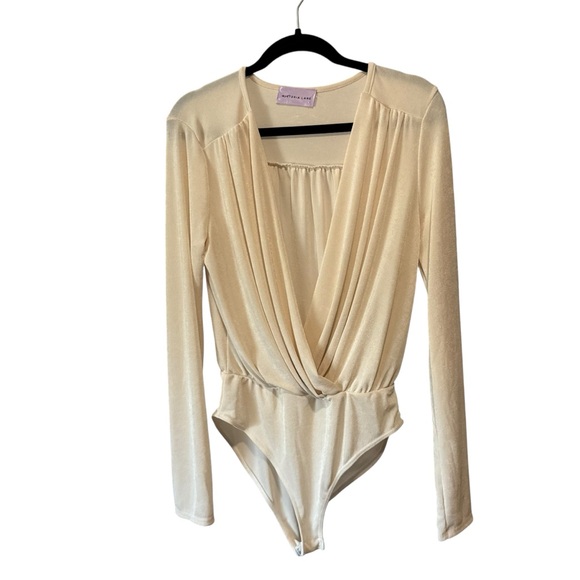 Revolve Wisteria Lane Slinky Cream Long Sleeve Surplice Bodysuit Top - Picture 1 of 5